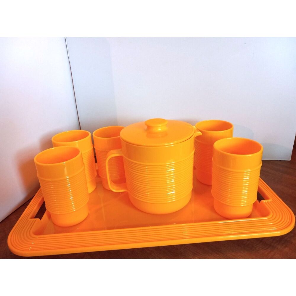 Vintage 1970s Rubbermaid Yellow Melamine Pitcher Set with Five Tumblers & Tray